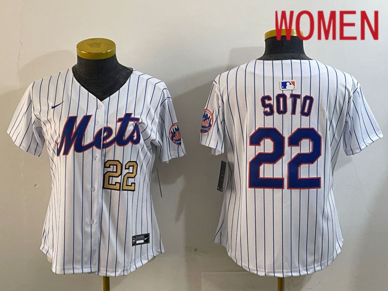 Women New York Mets 22 Soto White Stripe Game 2024 Nike MLB Jersey style 3